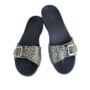 Crocs Sandals Sarah Stomp Slip-On Ws 9 Black Leopard Print Strap Buckle Slide